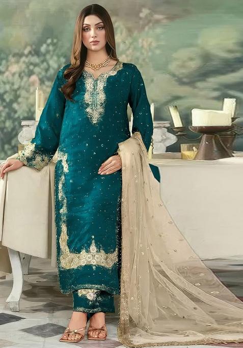 Teal Green Embroidered Georgette Kurta Set
