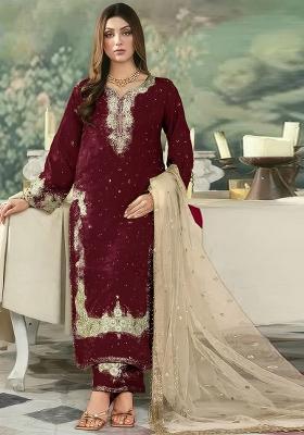 Maroon Embroidered Georgette Kurta Set