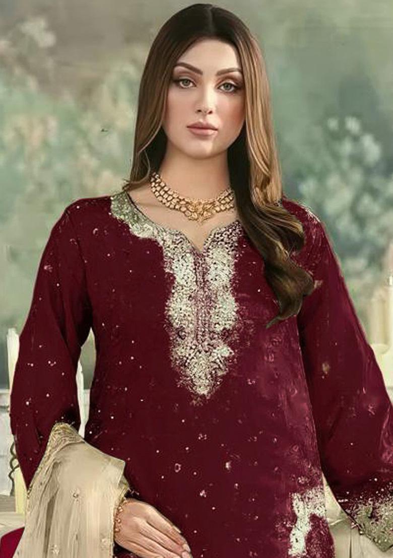 Maroon Embroidered Georgette Kurta Set - Indya