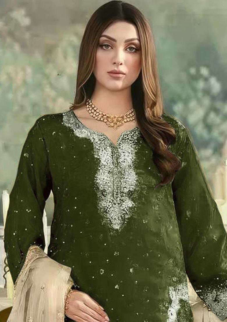 Mehendi Embroidered Georgette Kurta Set - Indya