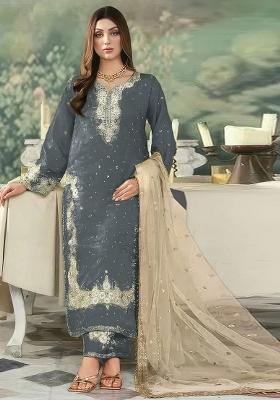 Grey Embroidered Georgette Kurta Set