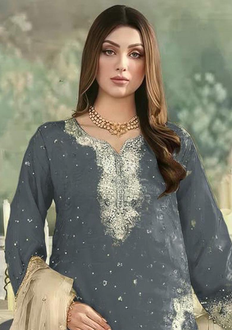 Grey Embroidered Georgette Kurta Set - Indya