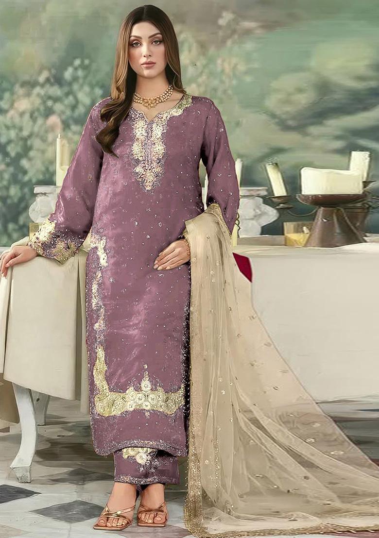 Lavender Embroidered Georgette Kurta Set - Indya