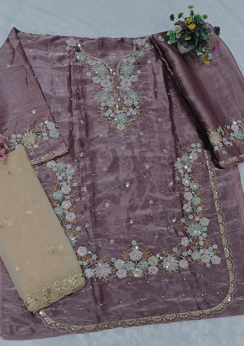 Lavender Embroidered Georgette Kurta Set - Indya