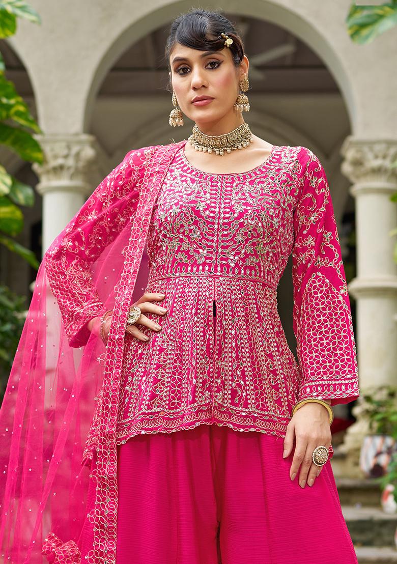 Rani Pink Embroidered Chinon Sharara Set - Indya