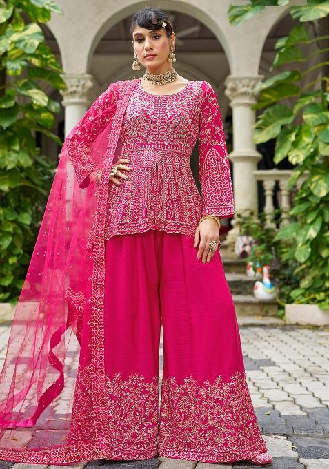Rani Pink Embroidered Chinon Sharara Set