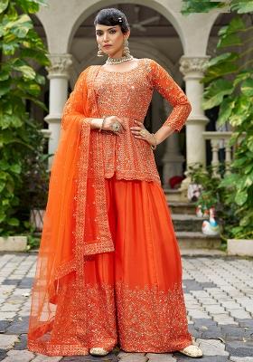 Orange Embroidered Chinon Sharara Set