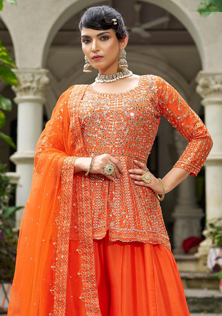 Orange Embroidered Chinon Sharara Set - Indya