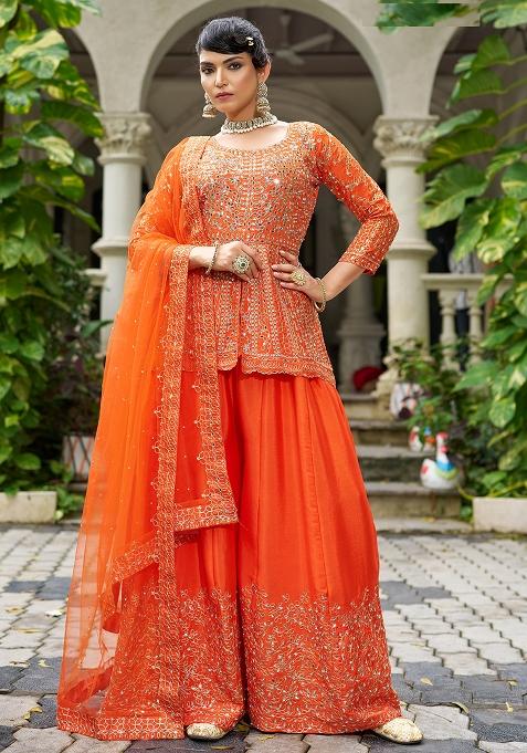 Orange Embroidered Chinon Sharara Set