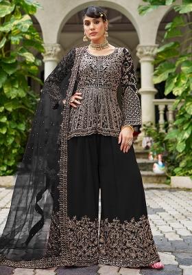 Black Embroidered Chinon Sharara Set