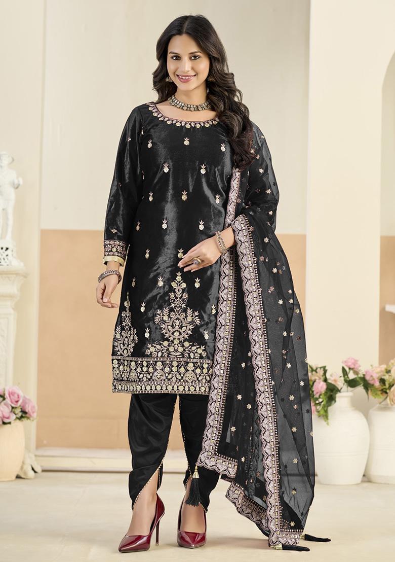 Black Embroidered Velvet Kurta Set - Indya