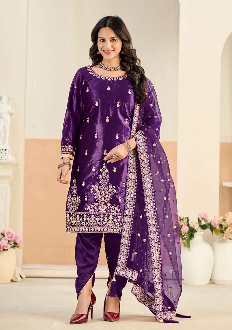 Violet Embroidered Velvet Punjabi Suit - Indya