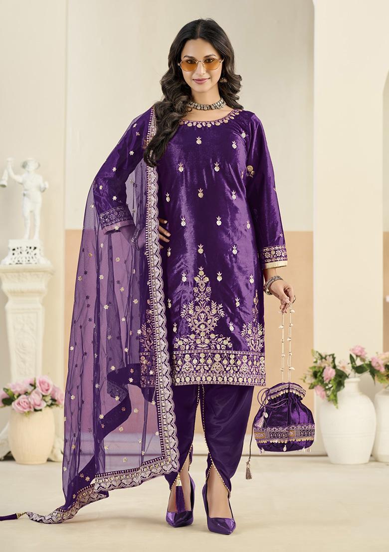Violet Embroidered Velvet Kurta Set - Indya
