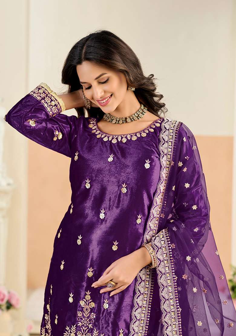 Violet Embroidered Velvet Punjabi Suit - Indya
