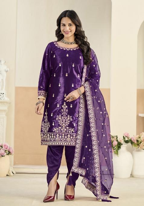 Violet Embroidered Velvet Kurta Set