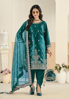 Teal-Blue Embroidered Velvet Kurta Set