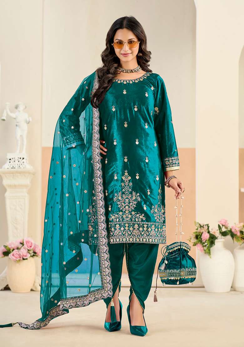 Teal-Blue Embroidered Velvet Punjabi Suit - Indya
