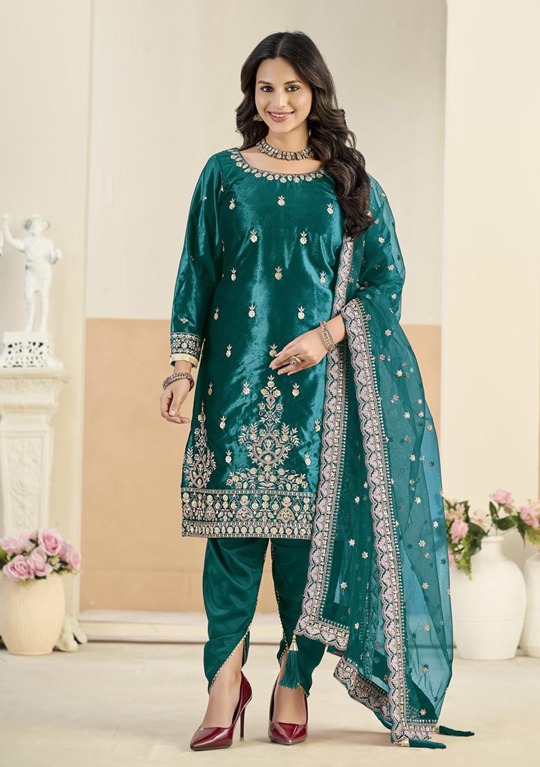 Teal-Blue Embroidered Velvet Kurta Set - Indya