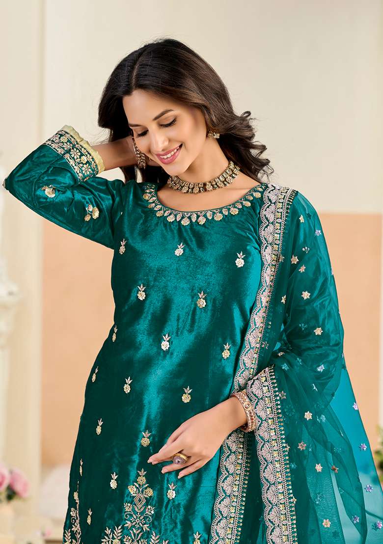 Teal-Blue Embroidered Velvet Punjabi Suit - Indya