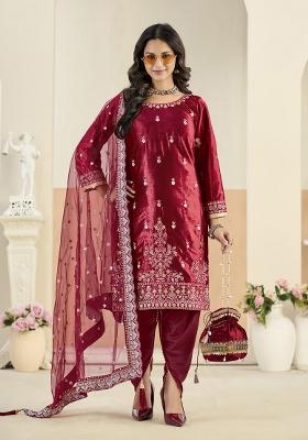 Maroon Embroidered Velvet Kurta Set