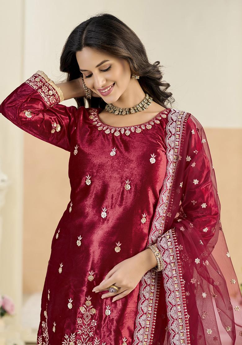 Maroon Embroidered Velvet Kurta Set - Indya