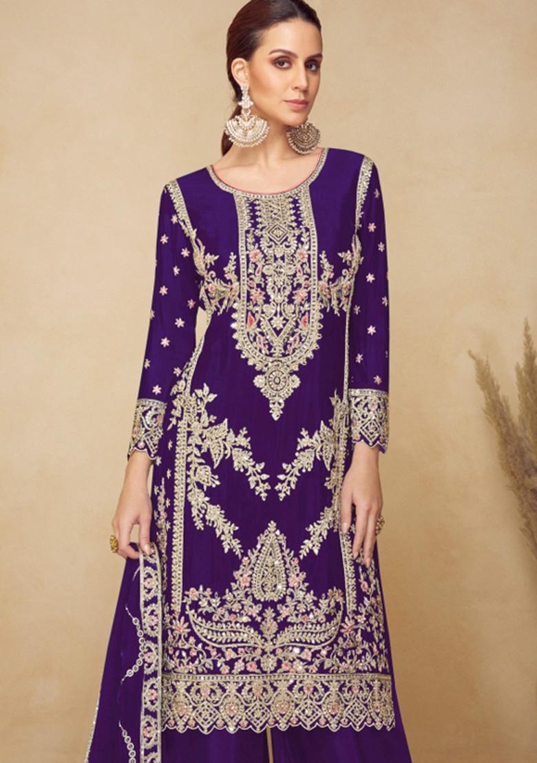 Purple Embroidery With Sequence Work Silk Plazzo Set - Indya
