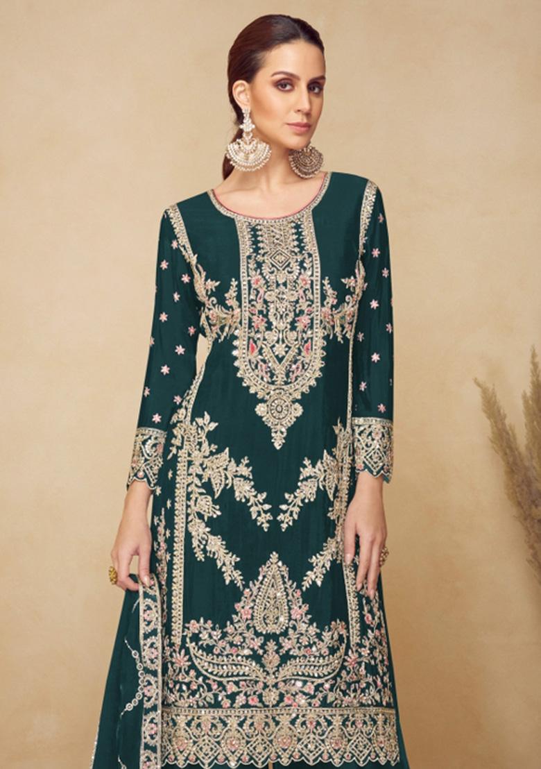 Green Embroidery With Sequence Work Silk Plazzo Set - Indya