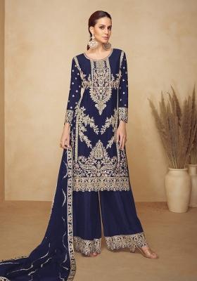 Navy Blue Embroidery With Sequence Work Silk Plazzo Set