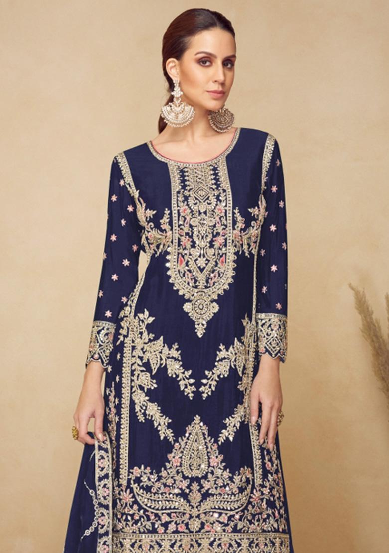Navy Blue Embroidery With Sequence Work Silk Plazzo Set - Indya