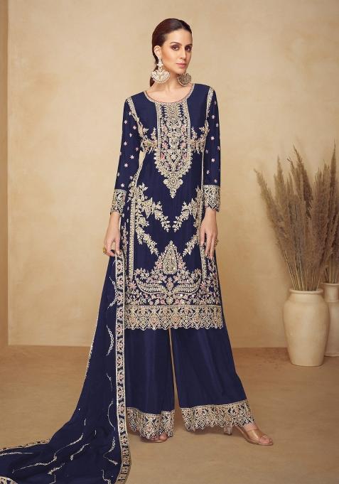 Navy Blue Embroidery With Sequence Work Silk Plazzo Set