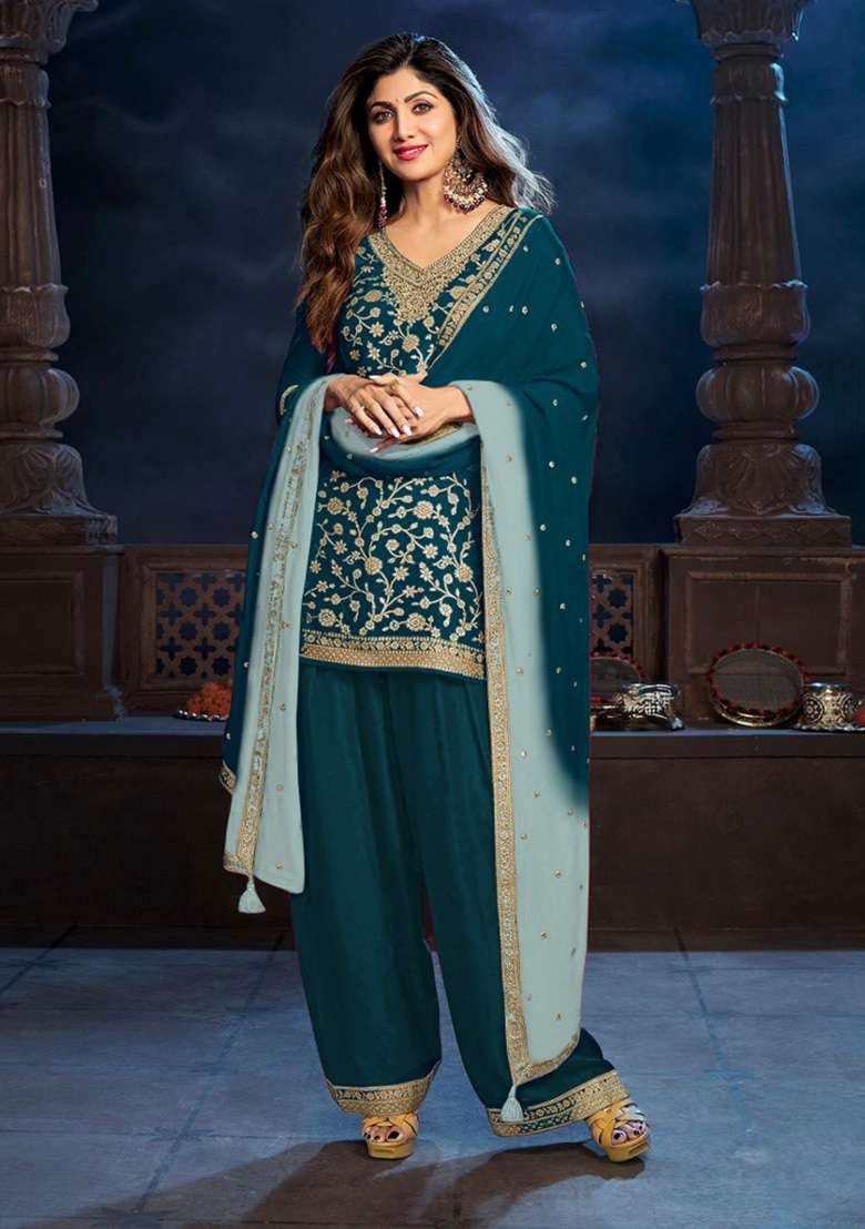Teal Embroidered Silk Blend Punjabi Suit - Indya