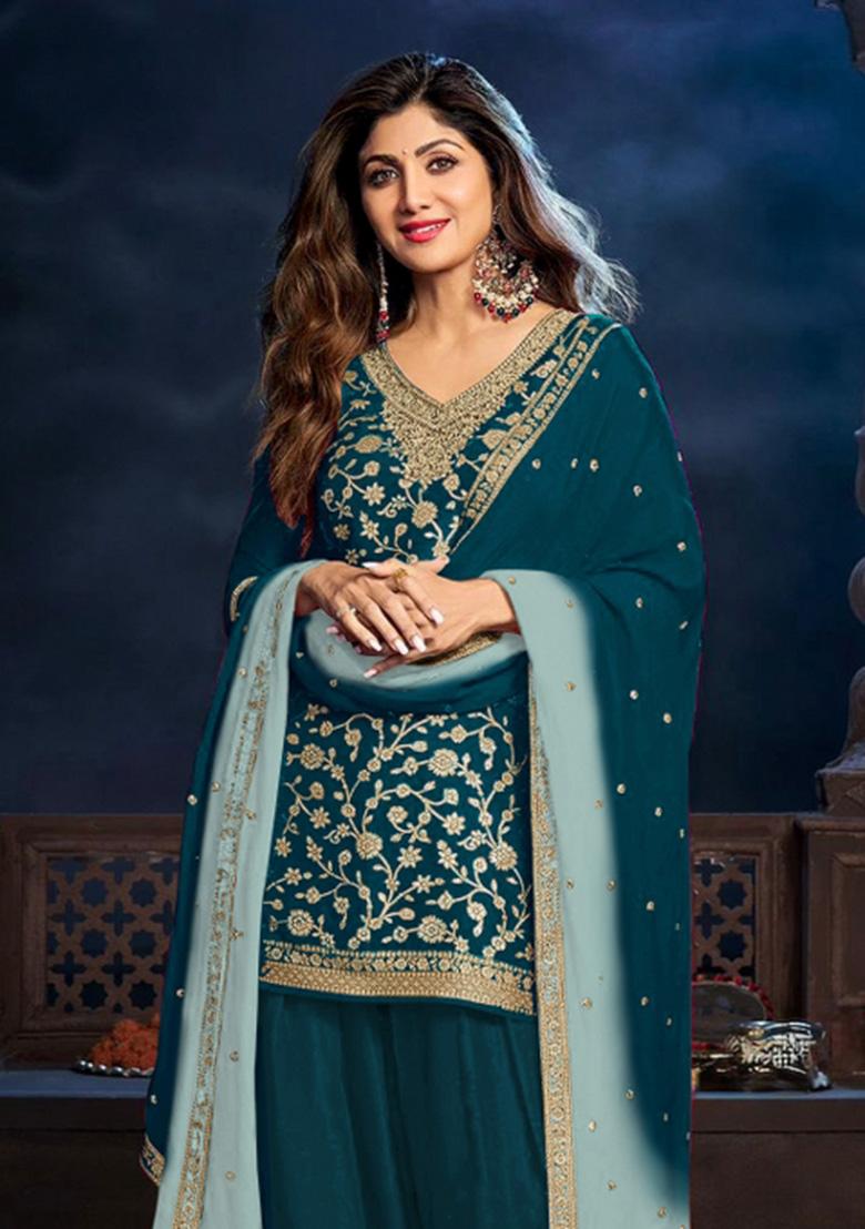Teal Embroidery With Sequence Work Silk Salwar Kameez - Indya