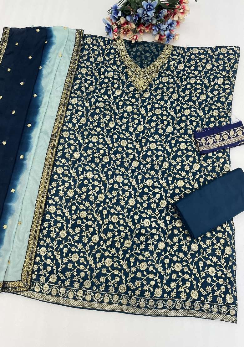 Teal Embroidered Silk Blend Punjabi Suit - Indya
