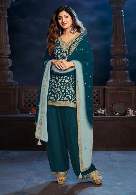 Teal Embroidery With Sequence Work Silk Salwar Kameez