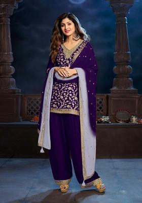 Purple Embroidery With Sequence Work Silk Salwar Kameez