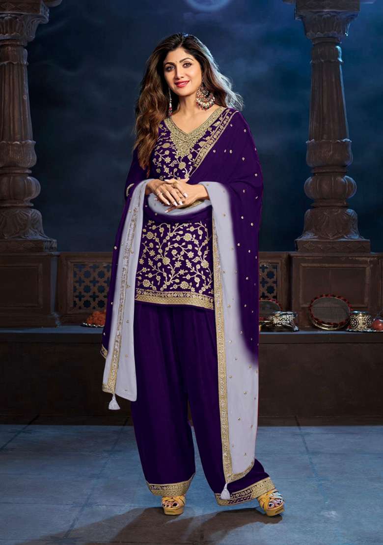 Purple Embroidered Silk Blend Punjabi Suit - Indya