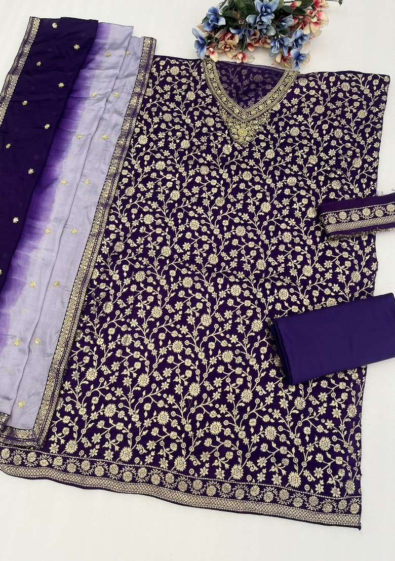 Purple Embroidered Silk Blend Punjabi Suit - Indya