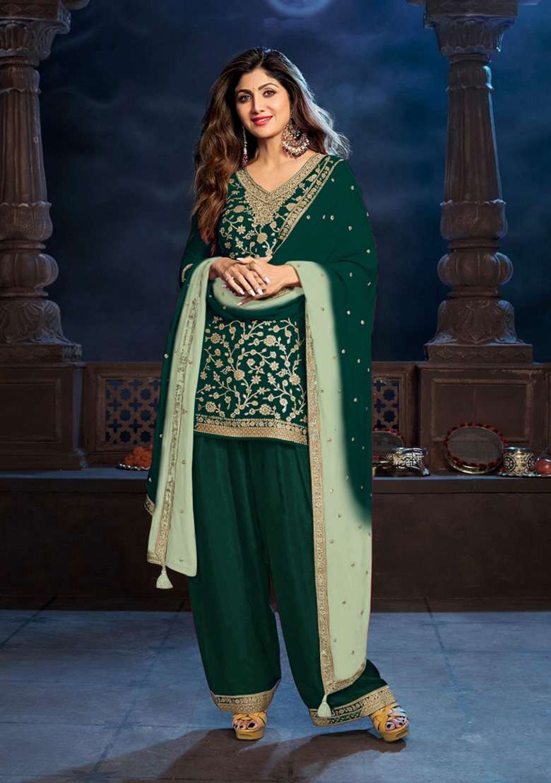 Green Embroidered Silk Blend Punjabi Suit - Indya