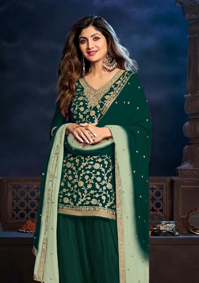 Green Embroidery With Sequence Work Silk Salwar Kameez - Indya