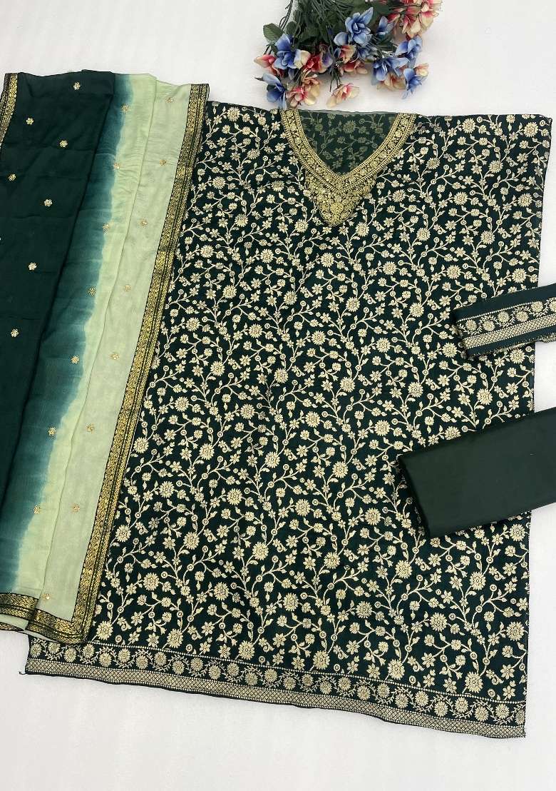 Green Embroidered Silk Blend Punjabi Suit - Indya