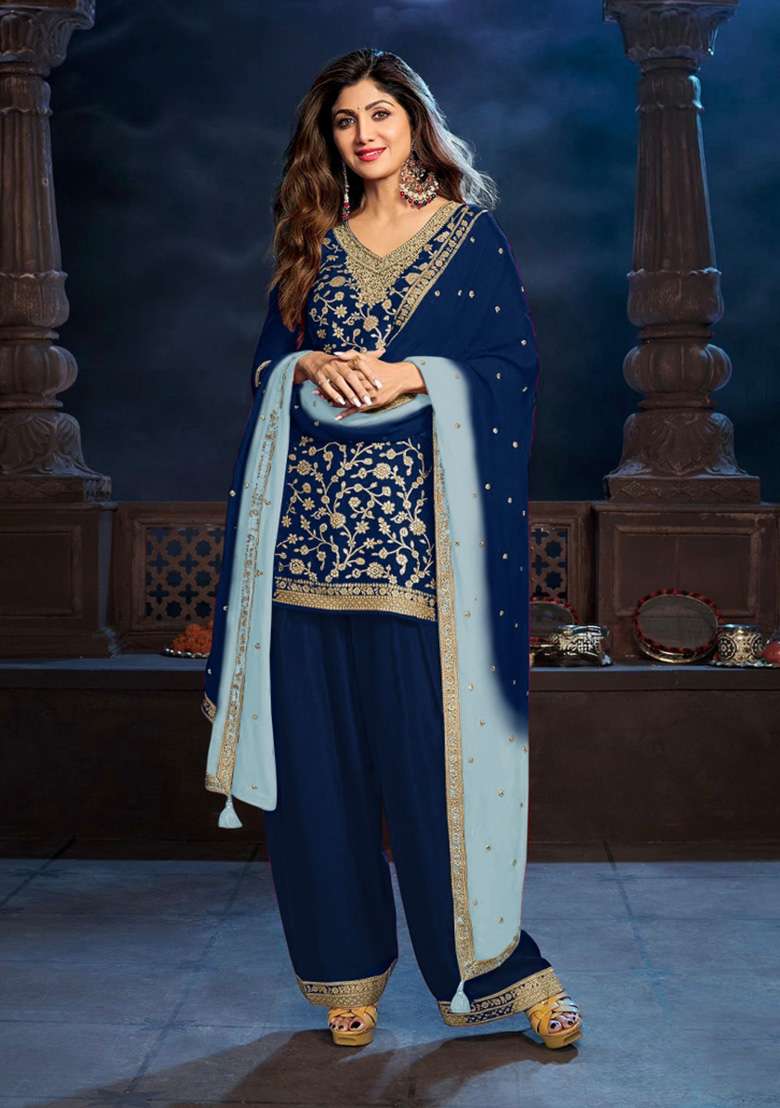 Navy Blue Embroidered Silk Blend Punjabi Suit - Indya