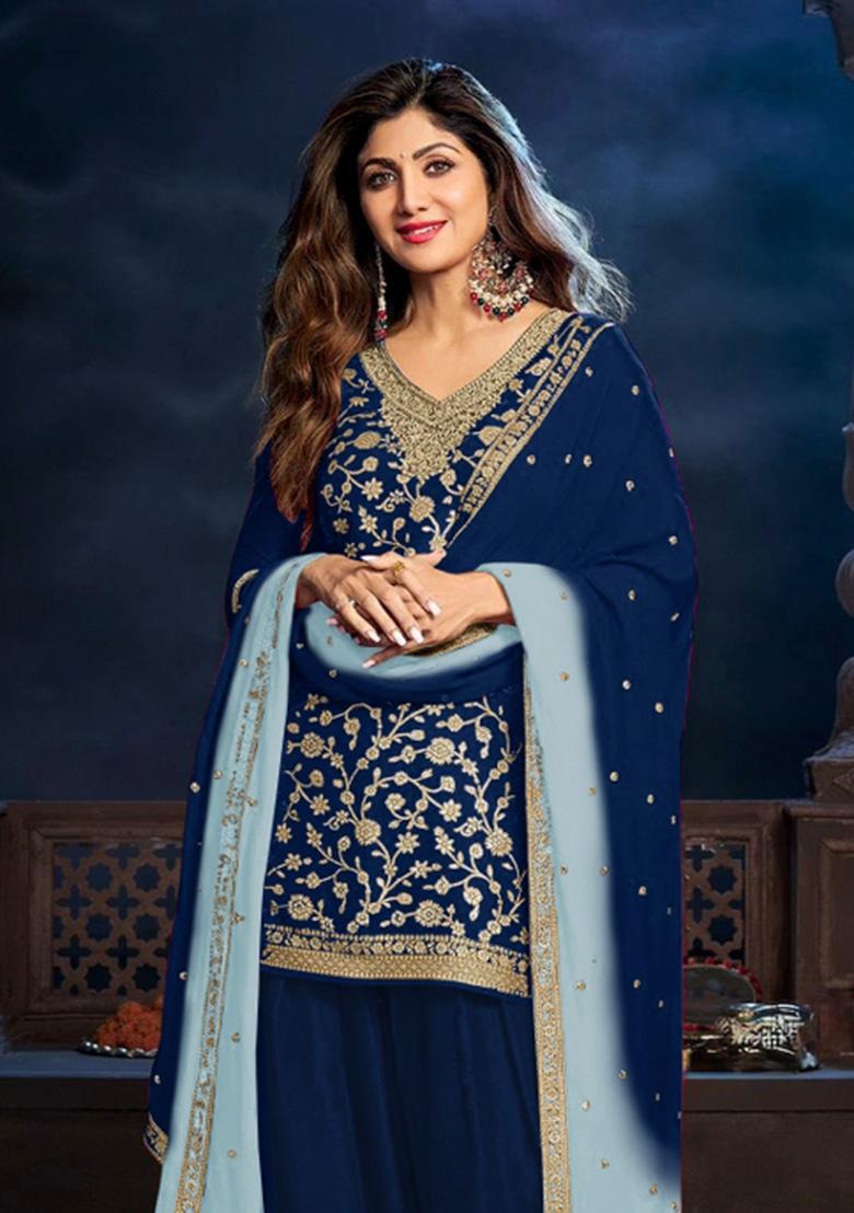 Navy Blue Embroidery With Sequence Work Silk Salwar Kameez - Indya