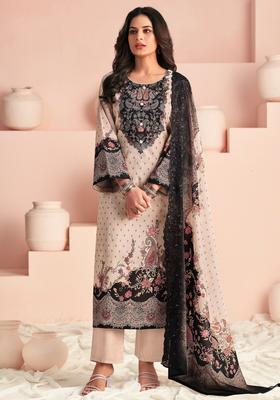 Beige Printed Cotton Kurta Set