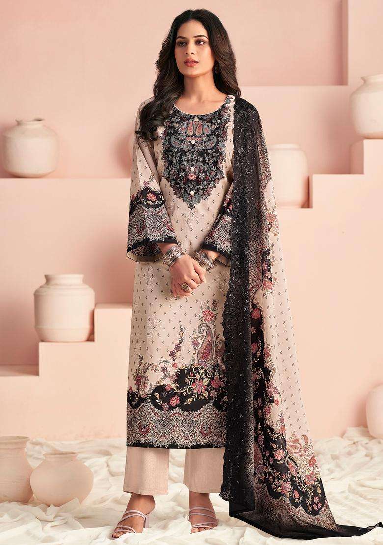 Beige Printed Cotton Pakistani Suit Set - Indya