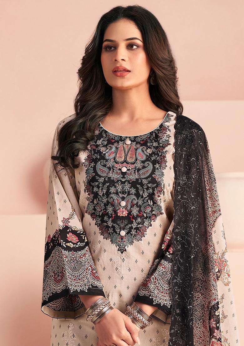 Beige Printed Cotton Pakistani Suit Set - Indya