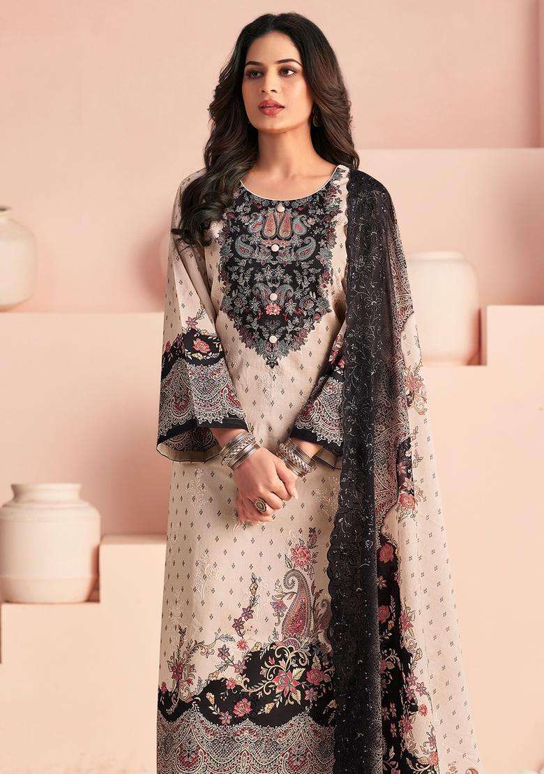 Beige Printed Cotton Pakistani Suit Set - Indya