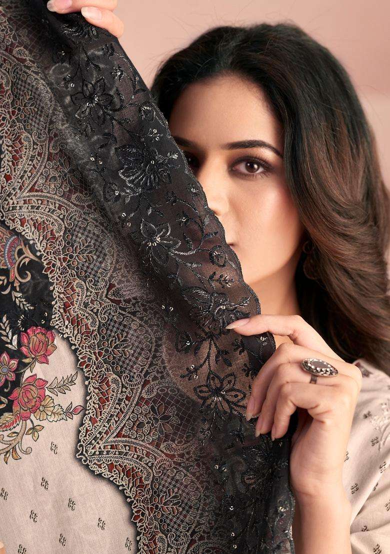 Beige Printed Cotton Pakistani Suit Set - Indya