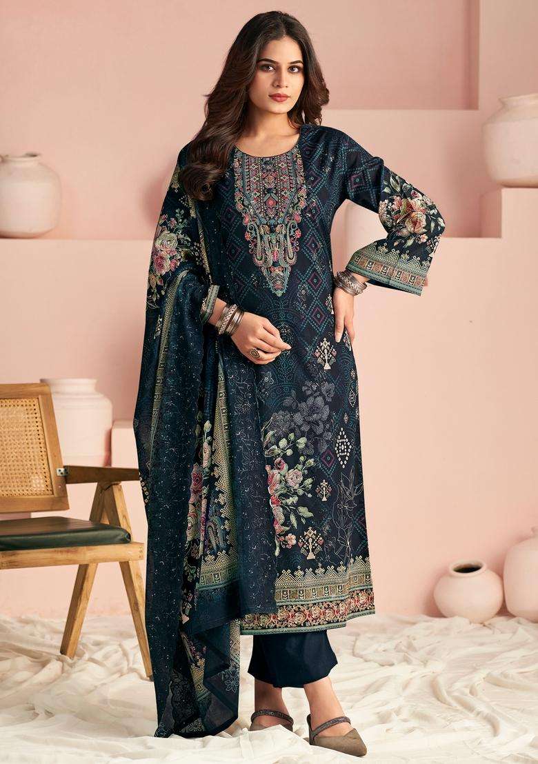 Navy Blue Printed Cotton Straight Kurta Set - Indya
