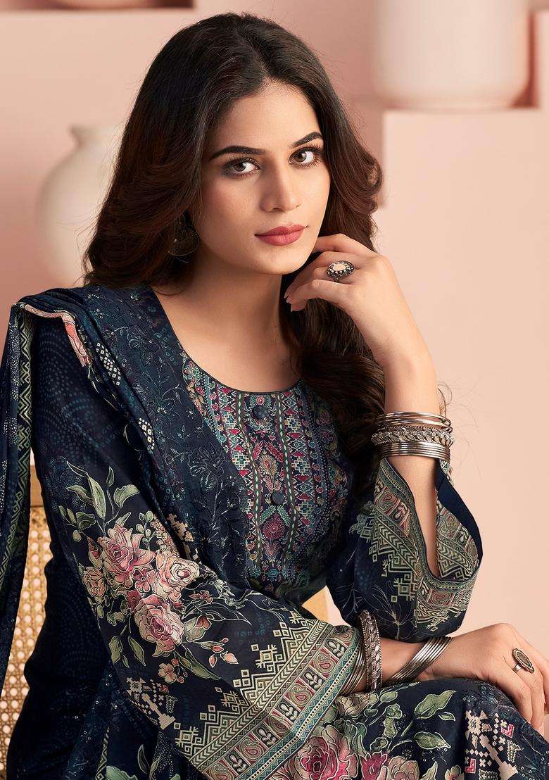 Navy Blue Printed Cotton Straight Kurta Set - Indya