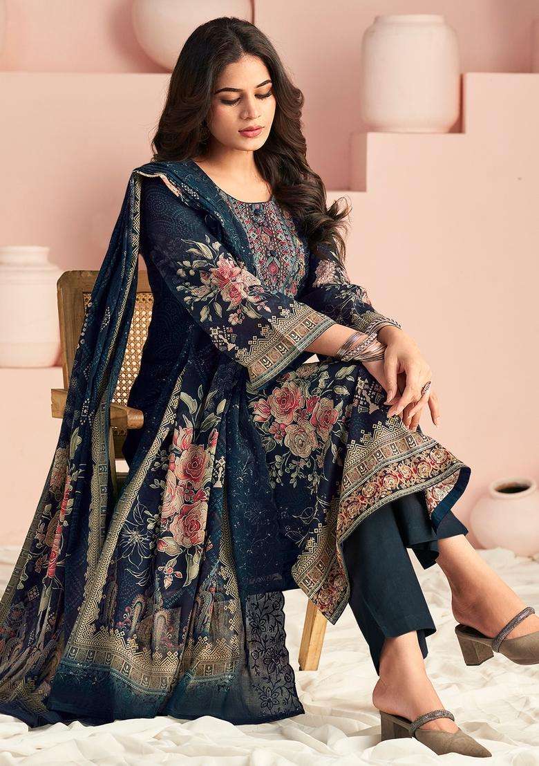 Navy Blue Printed Cotton Straight Kurta Set - Indya